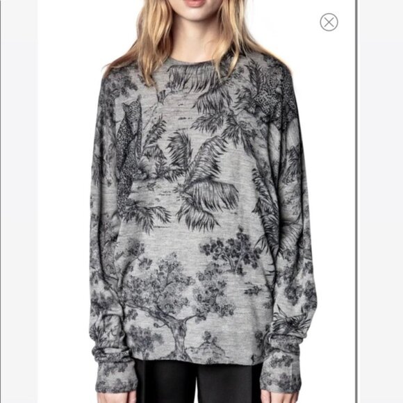 Zadig+Voltaire Print Cheetah Jungle Extra Fine Merino Wool Gray Sweater - Picture 1 of 8